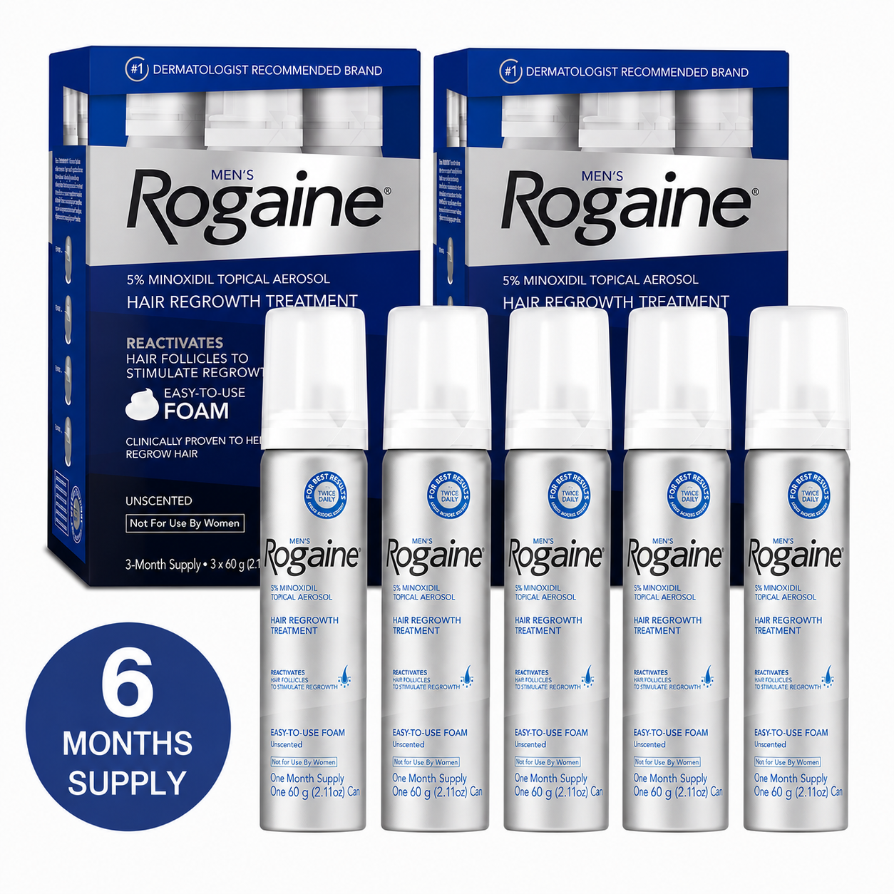 rogaine 6 bottels foam רוגיין קצף לגבר 6 בקבוקים (2 מארזים) | Men's Rogaine 5% Minoxidil Foam – תמונה 1
